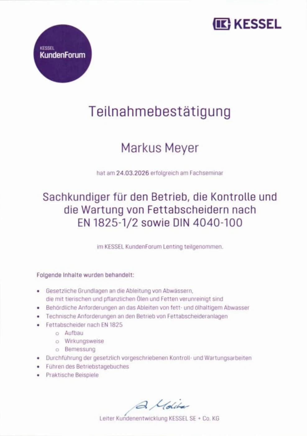 KESSEL-Sachkundenachweis Fettabscheider (EN 1825) – Meyer Abwassertechnik