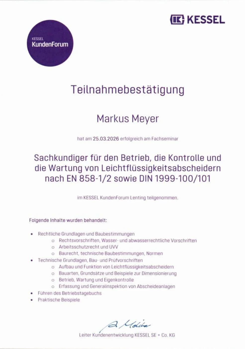 KESSEL-Sachkundenachweis Leichtflüssigkeitsabscheider (EN 858) – Meyer Abwassertechnik