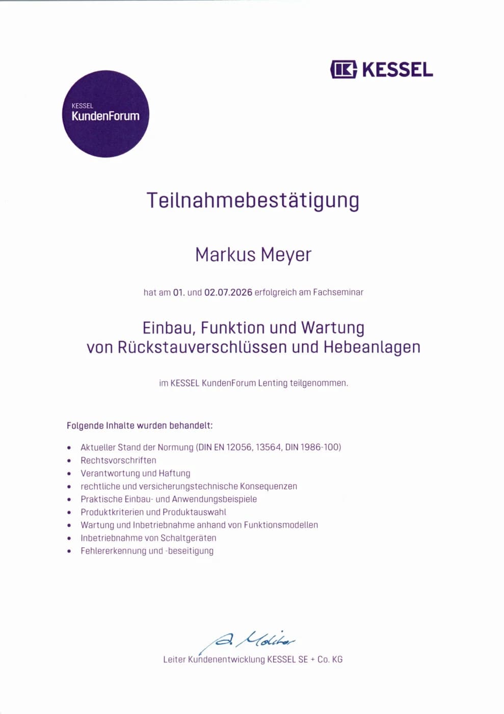 KESSEL-Sachkundenachweis Rückstauverschlüsse und Hebeanlagen – Meyer Abwassertechnik